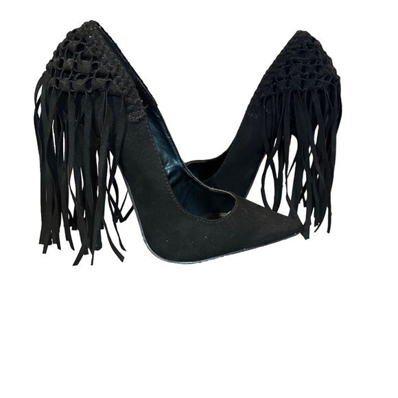 Steve Madden Tipsyy Black Suede Fringe Heels Sz 6 - Picture 4 of 8